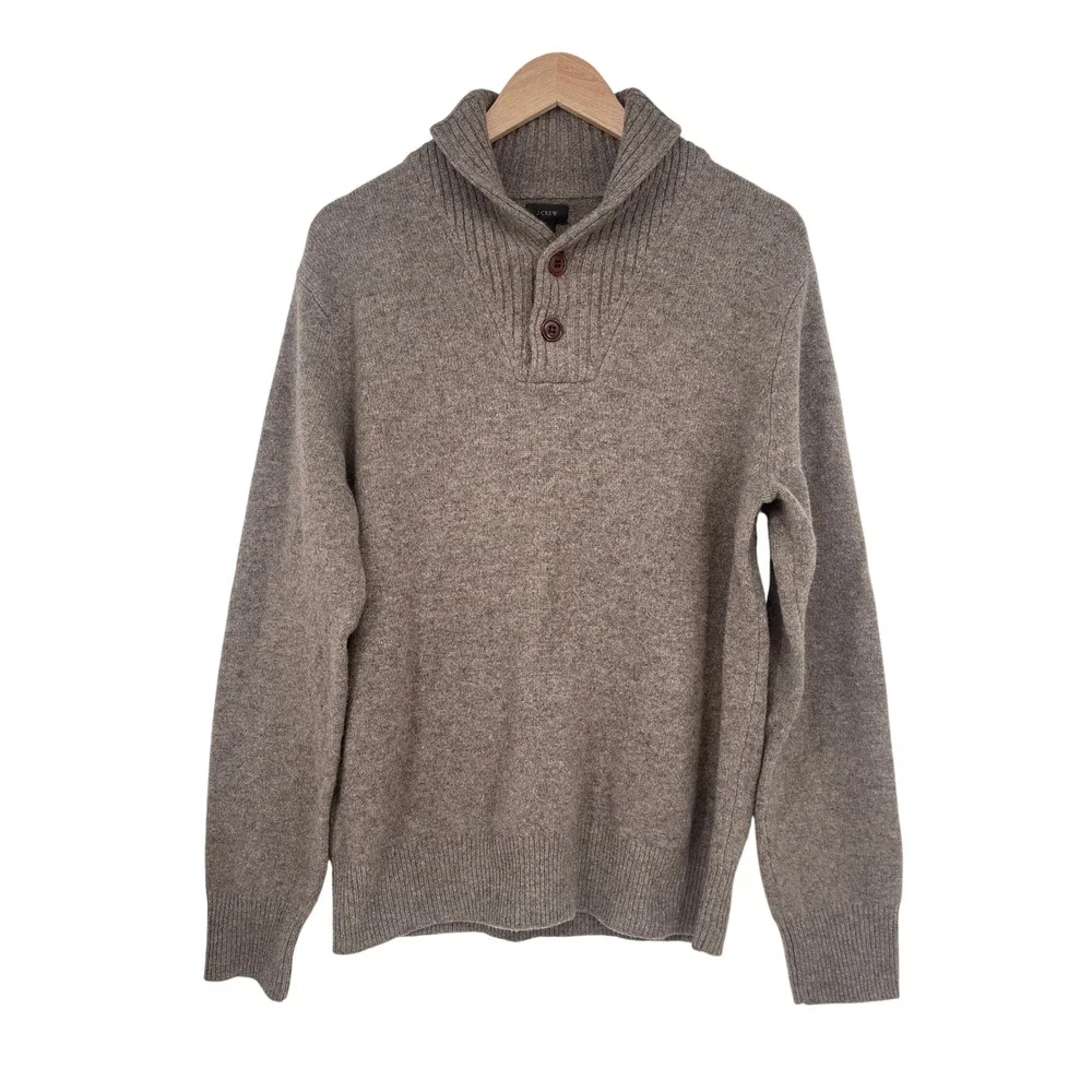 J.Crew Men's Shawl Collar Lambswool Pullover Sweater Brown Button Size Medium‎